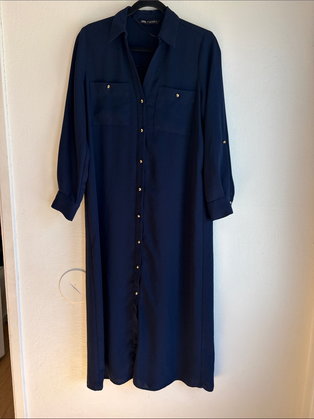 Zara Navy Button-Front Maxi Shirt Dress